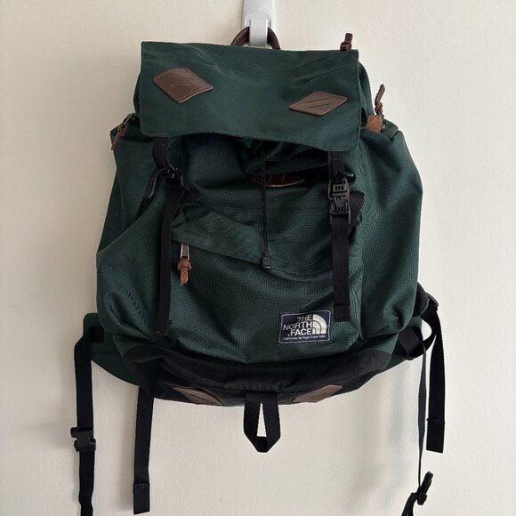 Rare Vintage The North Face Green Ruck Sack Backpack Hiking Bag Leather Trim - Picture 1 of 11